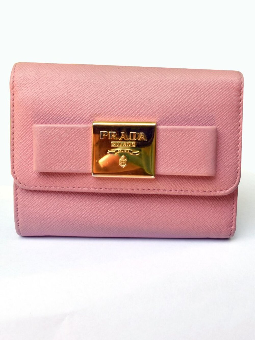 Prada Pink Saffiano Leather Bow Flap Trifold Wallet - Picture 3 of 12